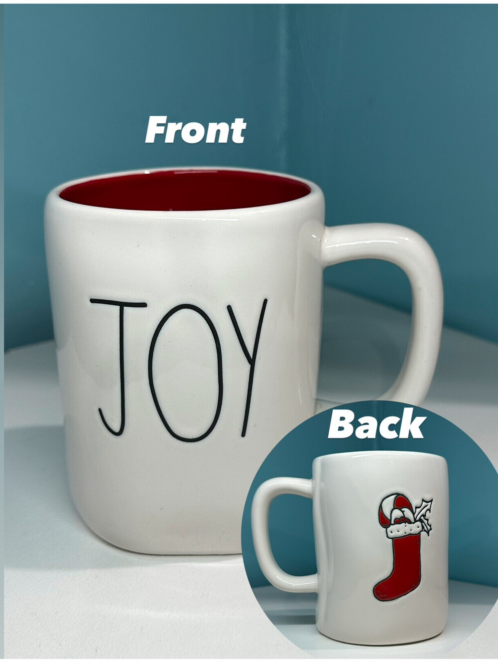 Rae Dunn Joy Stocking Double Sided Red White Mug Christmas Magenta Holiday New